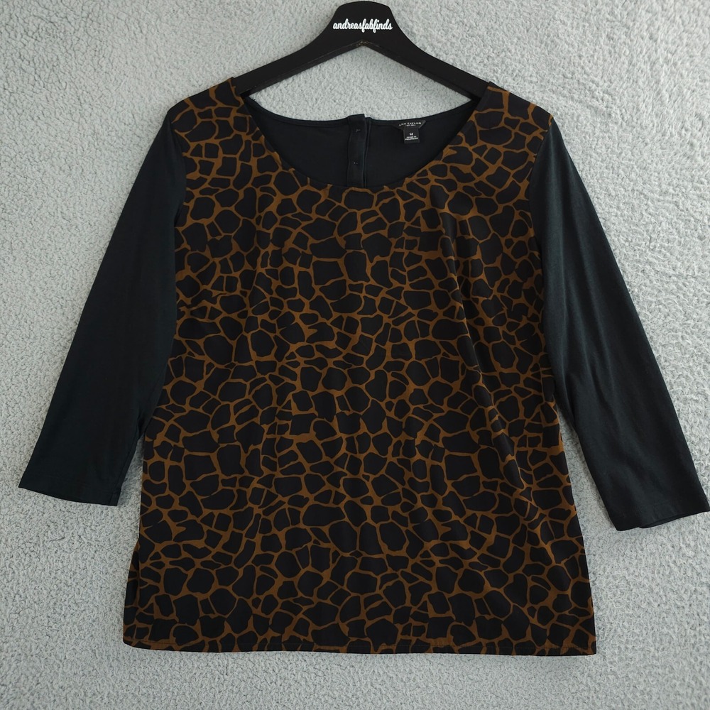 Ann Taylor Shirt Womens M Black Brown Giraffe Print 3/4 Sleeve Button Back Top